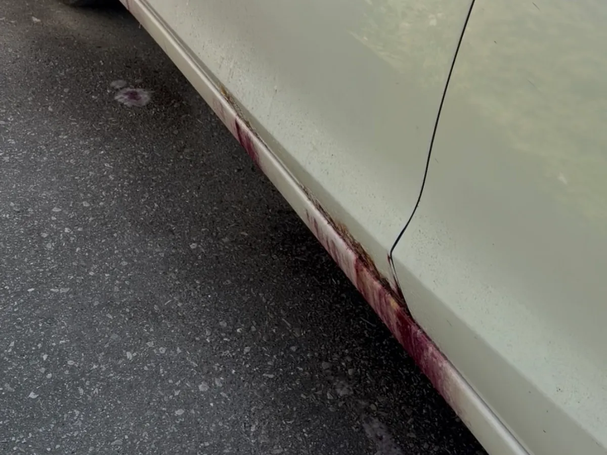 Red transfer staining running along the rocker panel of a white car, the kind of contamination a normal wash leaves behind